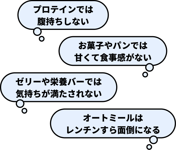 プロテインでは腹持ちしない お菓子やパンでは甘くて食事感がない ゼリーや栄養バーでは気持ちが満たされない オートミールはレンチンすら面倒になる
